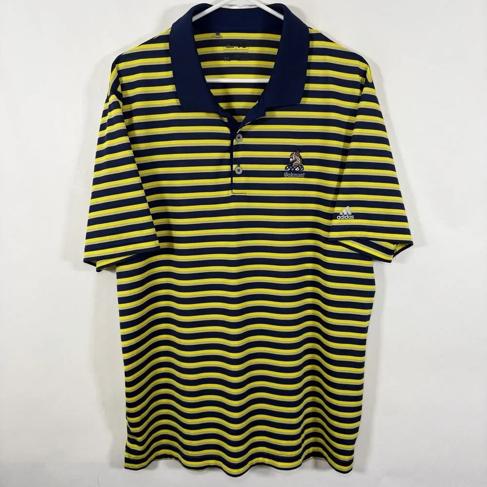 Oakmont Country Club Adidas Golf Polo Shirt Mens XL Navy Yellow Striped EUC
